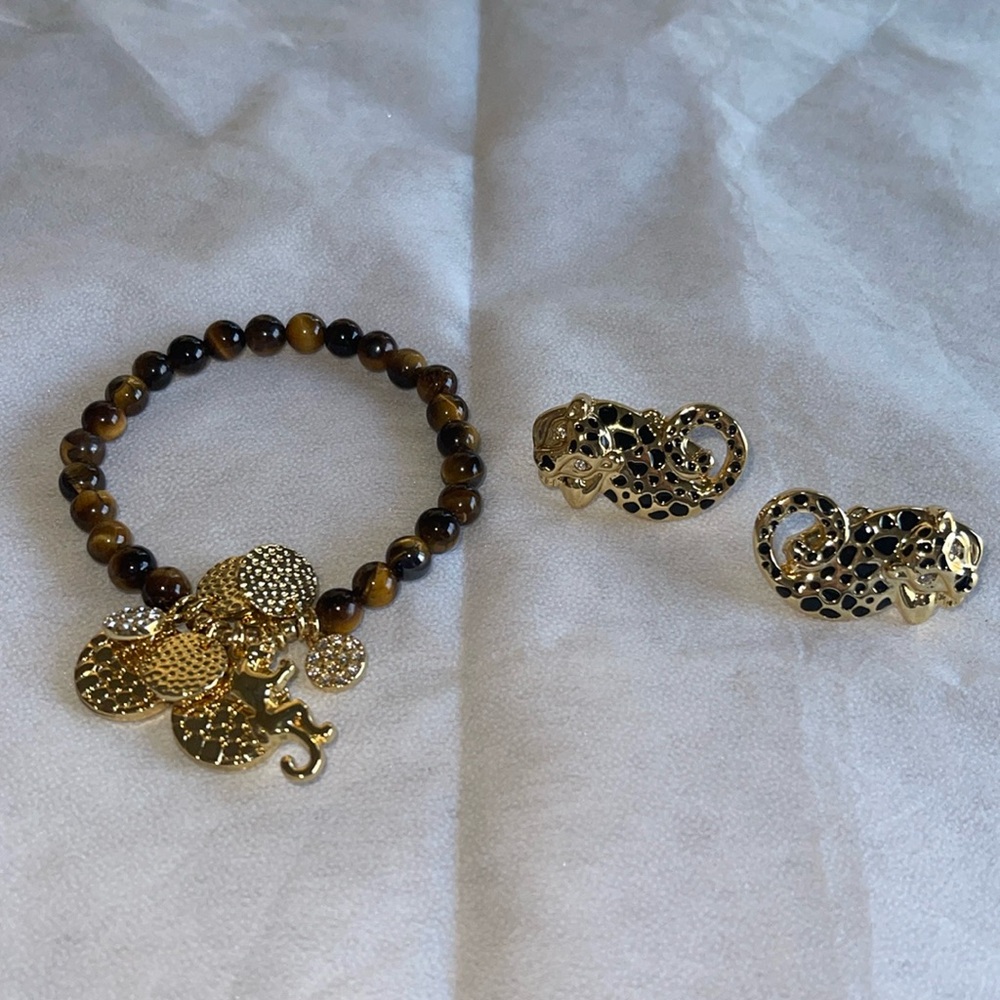 Lilly Pulitzer leopard earrings & tiger’s eye charm bracelet